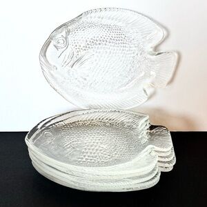 Vintage Arcoroc France Fish Appetizer Plates Set of 6 Clear Glass 6.5 x 5”
